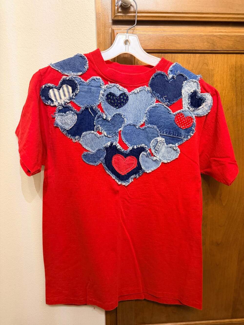 Vintage Royal First Class Red T-Shirt with Denim Heart Patchwork Applique